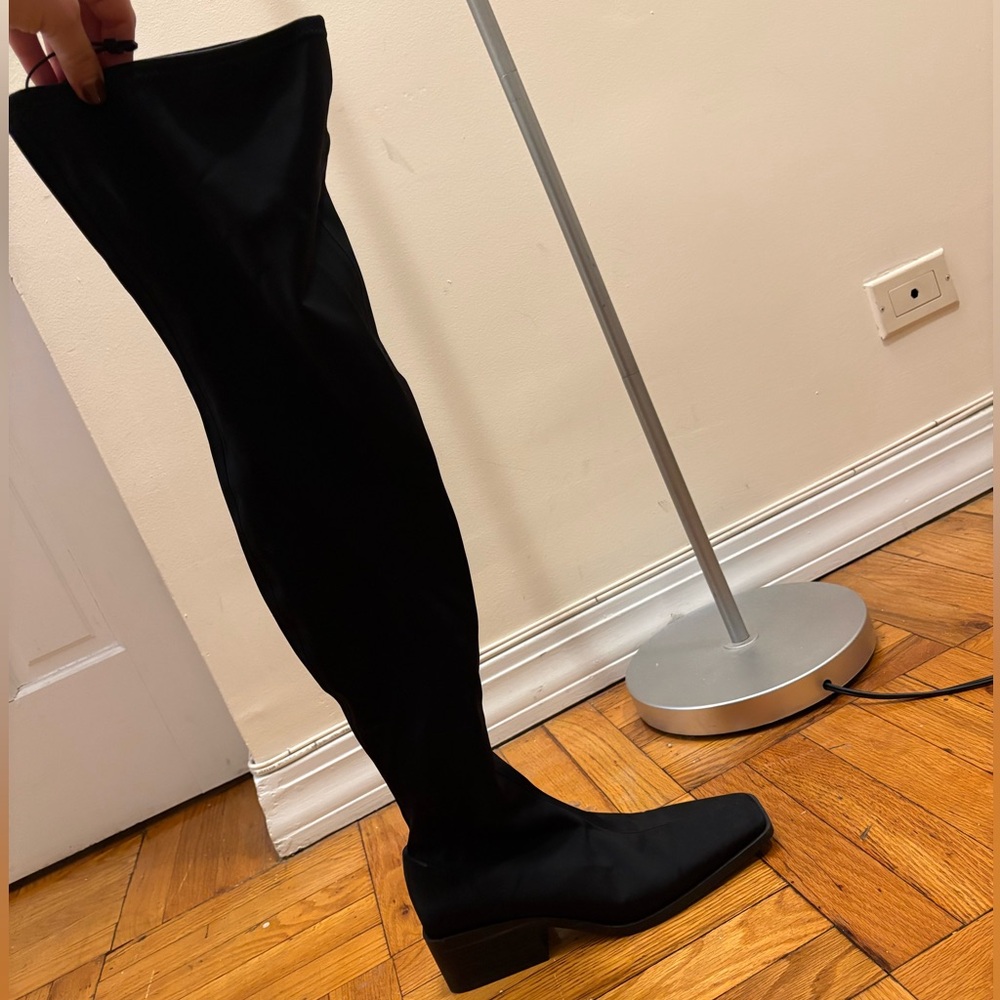 Zara Black Over-the-Knee Stretch Boot with Low Block Heel